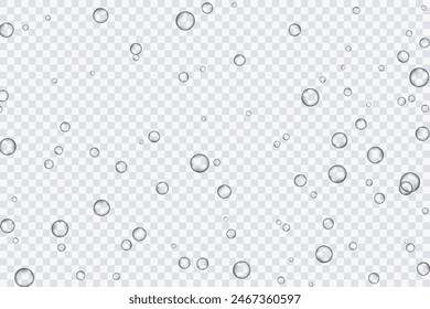 Burbujas de aire, oxígeno, champán cristalino, aislado sobre un fondo transparente de diseño moderno. Ilustración vectorial de EPS 10.