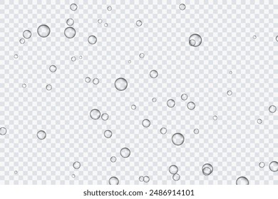 Burbujas de aire, oxígeno, champán cristalino, aislado sobre un fondo transparente de diseño moderno. Ilustración vectorial de EPS 10.