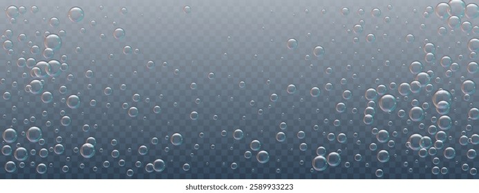 Air bubbles rise to the surface of water, drink, soda, champagne. Vector illustration on transparent background. Banner with shiny iridescent balls of oxygen