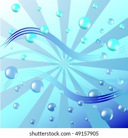 Air bubbles rising from water on shiny background with waves. Vector