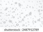 Air bubbles in water. Soda pop template. Champagne fizzy air effect. Sparkling water with oxygen bubbles. Realistic underwater fizz on transparent background. Vector illustration.