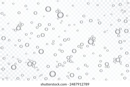 Luftblasen im Wasser. Soda Pop Vorlage. Champagner-Sprudelluft-Effekt. Funkelndes Wasser mit Sauerstoffblasen. Realistisches Unterwasser-Fizz auf transparentem Hintergrund. Vektorillustration.