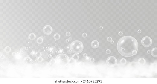 Burbujas de aire.Ilustración vectorial de espuma de jabón sobre un fondo transparente.	