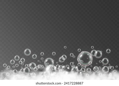 Burbujas de aire.Ilustración vectorial de espuma de jabón sobre un fondo transparente.	
