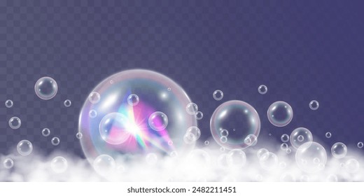 Burbujas de aire. Ilustración vectorial de espuma de jabón sobre un fondo transparente.