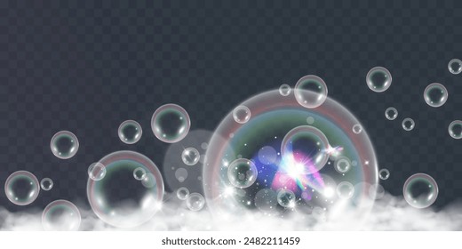 Burbujas de aire. Ilustración vectorial de espuma de jabón sobre un fondo transparente.