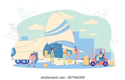 Air Business Freight and International Cargo Shipping. Cargo Plane Loading Scene with Working Airport Staff and Loader Car. Air Terminal Workers Characters perform Duties. Flat Vector Illustration.