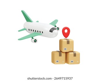 Air cargo delivery concept with airplane and packages icon 3d render illustration