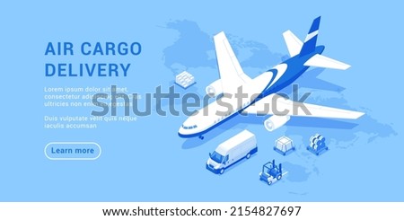 Air cargo delivery landing page isometric vector illustration. Global logistic transportation commercial service fast freight distribution. Aircraft airplane goods shipping express import export