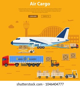 Air Cargo Delivery and Logistics with flat Icons truck, aircraft, airport, tug and forklift. Vector illustration