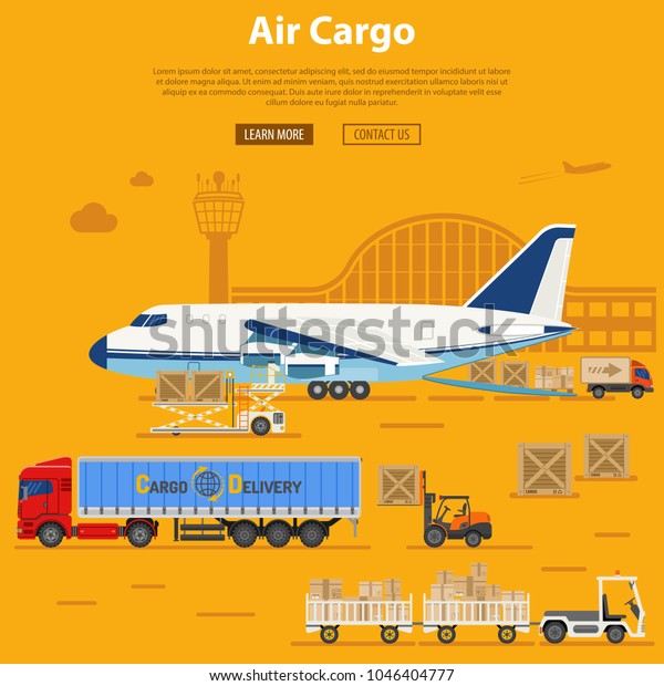 Air Cargo\
Delivery and Logistics with flat Icons truck, aircraft, airport,\
tug and forklift. Vector\
illustration