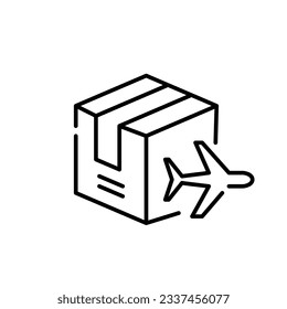 Luftfrachtlieferung. Paketbox und Flugzeugsymbol. Pixel perfekt, bearbeitbarer Hub