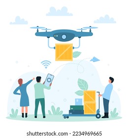Carga aérea, ilustración del vector de entrega rápida de drones. Pequeñas personas caricaturizadas cargando paquetes desde el carro, sosteniendo el teléfono móvil para controlar el avión teledirigido volador con caja, transporte futuro de mercancías
