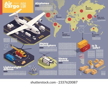 Air cargo infographics set with aircraft logistic symbols and world transportation map vector illustration