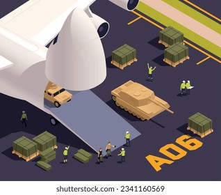 Air cargo isometric concept with military machines loading into aircraft vector illustration