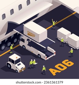 Diagrama de flujo isométrico de la carga aérea con ilustración vectorial de la escena logística de la aeronave