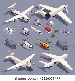 Air cargo isometric icons set with aircraft logistic symbols isolated vector illustration