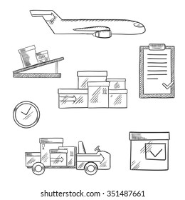 Air cargo and logistics business sketch icons of airplane, conveyor, cardboard boxes with packaging symbols, airport truck, clock and clip board with order list with caption Aviation below