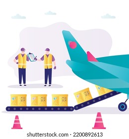 Air cargo services and freight, airplane with autoloader at airport. Workers unloading or loading of goods into plane. Airport workers in uniform. Global transportation, logistic. vector illustration