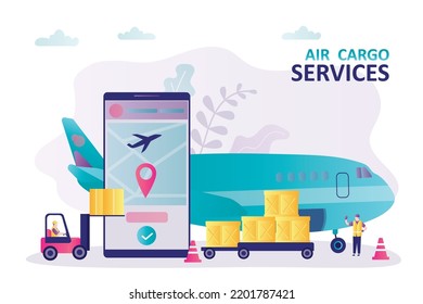 Servicios de carga aérea y carga, avión grande con autocargador en el aeropuerto. Seguimiento en línea por teléfono móvil. Elevador de horquilla y carga de mercancías por los trabajadores, cajas en las aeronaves. Transporte global, logística.