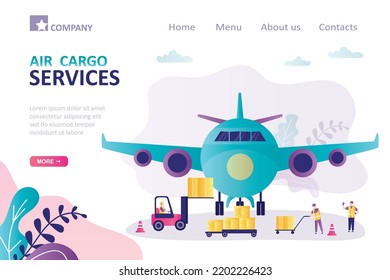 Air Cargo Services And Freight, Landing Page Template. Big Airplane At Airport. Workers Loading Of Goods Into Plane, Autoloader. Forklift, Various Boxes Near Aircraft. Global Transportation, Logistic.