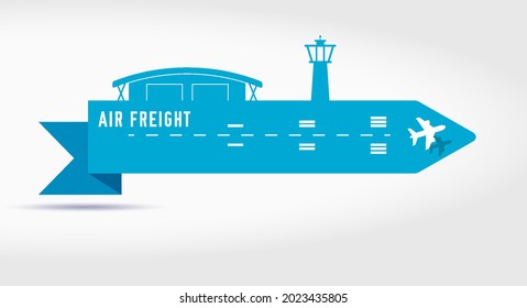 Luftfracht- und Frachtpapierbanner mit Flachbandbanner. Flughafen mit Hangar und Turm, ein Flugzeug startet. Flache Vektorgrafik einzeln auf weißem Hintergrund.