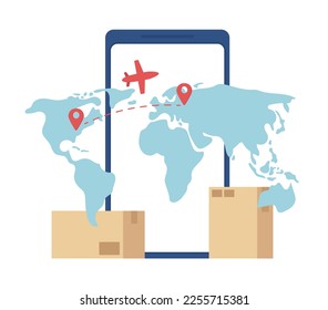 Air cargo tracking with mobile phone flat concept vector illustration. Editable 2D cartoon scene on white for web design. Get real-time info creative idea for website, mobile, presentation