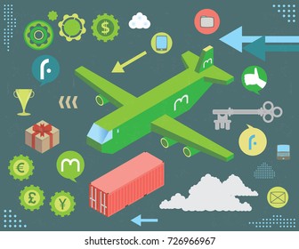 Air cargo tracking with tech and shipment icons, with infographics elements and grunge texture.