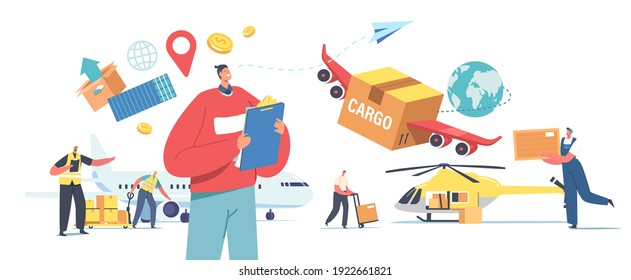 Air Cargo Transportation, Aircraft Logistics, Delivering Goods by Airplane, Helicopter or Drone. Characters Loading Boxes on Plane and Quadcopter for Shipping. Cartoon People Vector Illustration