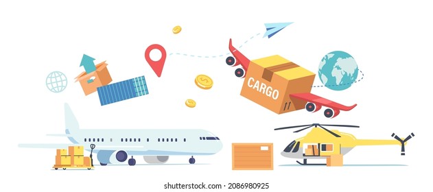 Air Cargo Transportation, Aircraft Logistics, Delivering Goods by Airplane, Helicopter or Drone. Boxes Lying on Trolley for Loading on Plane and Quadcopter for Shipping. Cartoon Vector Illustration