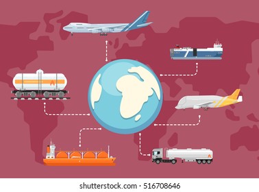 Air cargo trucking, rail transportation, maritime shipping vector illustration. International logistic company worldwide operations with cargo distribution shipment and transportation. Global network