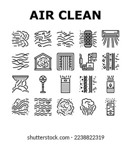 los iconos de filtro de flujo de aire limpio fresco conjunto vectorial. polvo de la casa, azul de acondicionador, purificación fría, tecnología de la naturaleza, aire de la habitación más limpio filtro de flujo de viento fresco ilustraciones de contorno negro