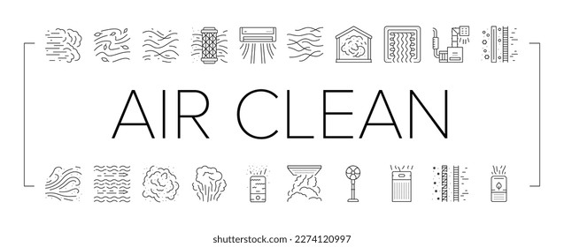 los iconos de filtro de flujo de aire limpio fresco conjunto vectorial. polvo de la casa, azul de acondicionador, purificación fría, tecnología de la naturaleza, aire de la habitación más limpio filtro de flujo de viento fresco ilustraciones de contorno negro