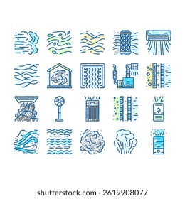 air clean fresh wind flow filter doodle icons set vector. home dust, conditioner blue, cold purification, nature technology, cleaner room air clean fresh wind flow filter sketch hand drawn