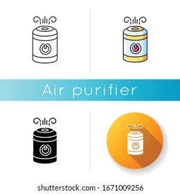 Air cleaner, steam humidifier icon. Household appliance, home ionizer, water vaporizer, healthcare domestic device. Linear black and RGB color styles. Isolated vector illustrations