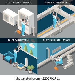 Air cleaning 2x2 design concept set with workers installing and repairing split system ventilation equipment isolated isometric vector illustration