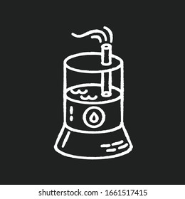 Icono blanco del dispositivo de limpieza del aire sobre fondo negro. Humidificador doméstico, ionizador, aclimatación y sistema de evaporación de agua, máquina para el cuidado del aliento. Ilustración aislada de cartón vectorial