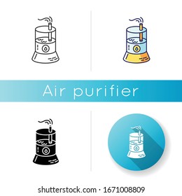 Air cleaning device icon. Domestic humidifier, ionizer, acclimatization and water evaporation system, breath care machine. Linear black and RGB color styles. Isolated vector illustrations
