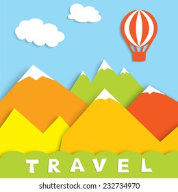 air colorful  balloon flying over mountains on blue sky, simply application, vector illustration