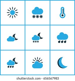 Air Colorful Icons Set. Collection Of Thermometer, Blizzard, Overcast And Other Elements. Also Includes Symbols Such As Moon, Sunny, Storm.