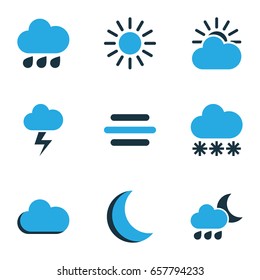 Air Colorful Icons Set. Collection Of Lightning, Overcast, Snowfall And Other Elements. Also Includes Symbols Such As Drizzle, Night, Cloud.