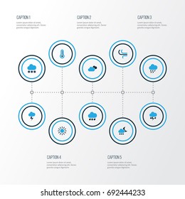 Air Colorful Icons Set. Collection Of Lightning, Cold Weather, Thermometer And Other Elements. Also Includes Symbols Such As Cloudy, Breeze, Sun.
