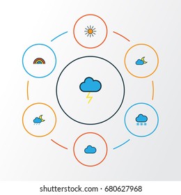 Air Colorful Outline Icons Set. Collection Of Rainbow, Sunshine, Cloudburst And Other Elements. Also Includes Symbols Such As Sun, Snow, Freeze.