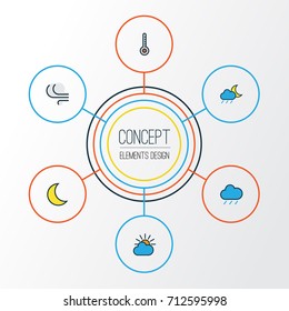 Air Colorful Outline Icons Set. Collection Of Moonbeam, Clouded, Hail And Other Elements. Also Includes Symbols Such As Crescent, Solar, Rain.