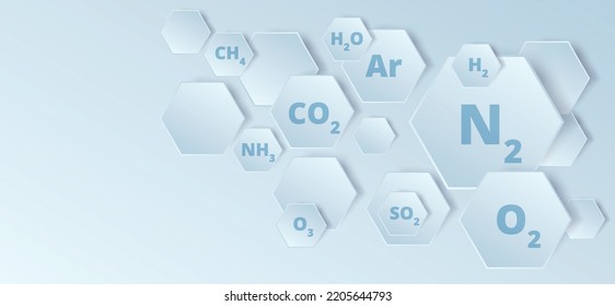 Air composition. Blue background from hexagons. Template for presentation on chemistry. Oxygen, hydrogen, argon, nitrogen, carbon dioxide. Vector illustration