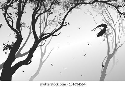 air composition with silhouettes of trees, falling leaves and flying owl, black and white, vector illustration