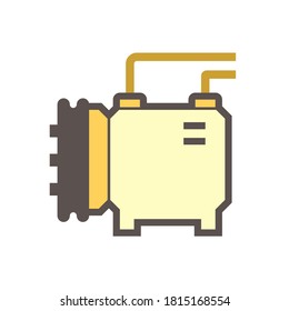 Air compressor for automobile icon. Driven by belt and vehicle engine. Part of air conditioning A/C system in vehicle. For temperature and humidity control with cooling, moisture and heat ventilation.