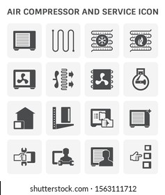 Air compressor and condenser unit icon. Including with copper tube, fan, reciprocating compressor, support, cleaning, tool, worker, technician, maintenance and repairing service. Vector icon set.