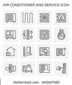 Air Compressor And Condenser Unit Icon. Including With Copper Tube, Fan, Reciprocating Compressor, Support, Cleaning, Tool, Worker, Technician, Maintenance And Repairing Service. Vector Icon Set.