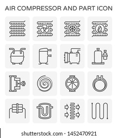 Air compressor or air condenser unit is a part of air conditioning HVAC systems. Vary type of compressor such as reciprocating, scroll, rotary, rotary vane. Including receiver. Vector icon design.